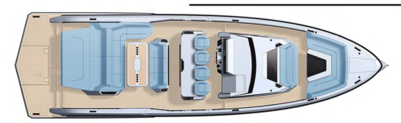 Deckplan der Vanquish VQ55 mit Sitzbereichen, Steuerposition und Achterdeck