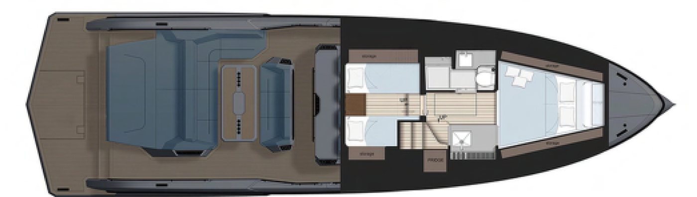 Innenraumplan der Vanquish VQ55 mit Schlafkabinen und Bad